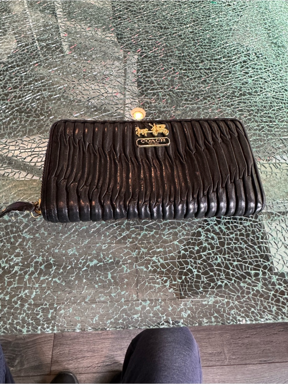 Coach Black Quilted Pleat Leather Zip Wallet with Gold Logo